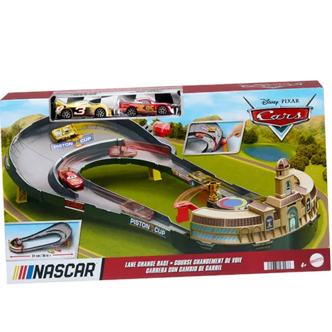 Disney Pixar Cars HXJ33 NASCAR Lane Change Race Playset with 2 Toy