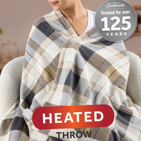 Sunbeam 13691 Electric Heated Throw Blanket Neutral Plaid Super