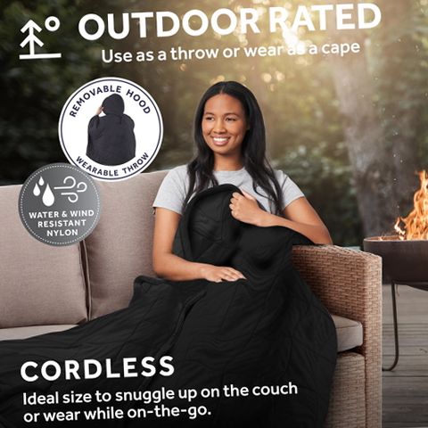 Sunbeam On-the-Go Cordless Heated Throw Blanket with Hood, Black