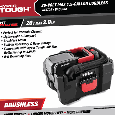 Hyper Tough 85032B 1.5-Gallon Wet Dry Vacuum, 20V Max, Cordless