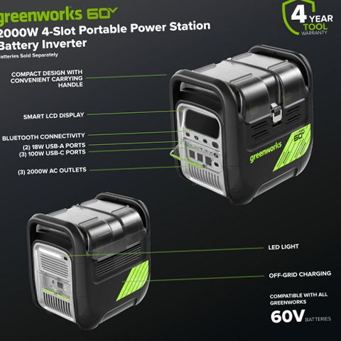 Greenworks 2976402 60V Portable Power Station, 2000W Pure Sine