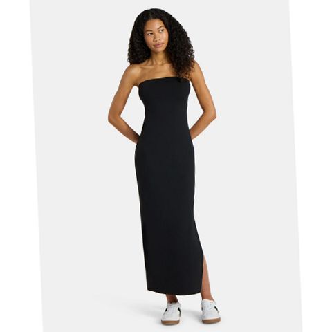 maxi dress no slits No Boundaries Women's Strapless Maxi Dress with Side Slit, L, Black Soot