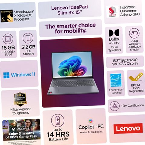 Lenovo IdeaPad Slim 3x Laptop, 15.3 in WUXGA IPS Display