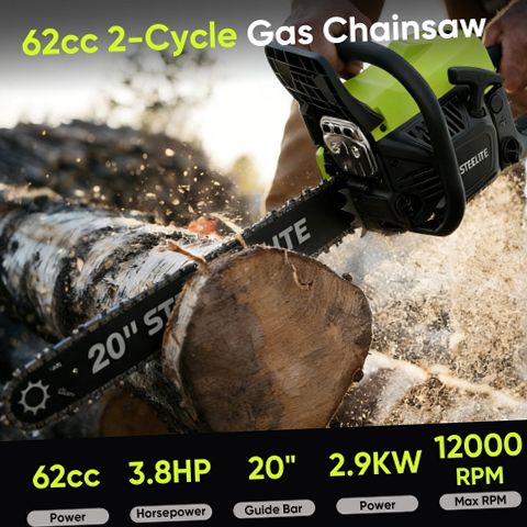 Steelite Gas Chainsaw, 62CC 2-Stroke Petrol Engine, 20-Inch Guide