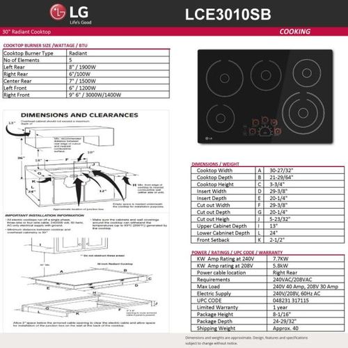 LG LCE3010SB 30 in. Smooth Surface Electric Cooktop in Black with 5